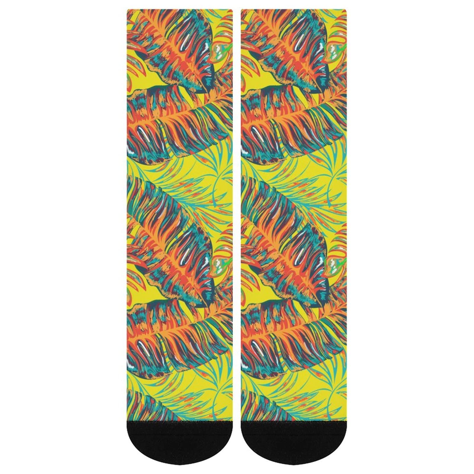 Hawaiian Tropical Leaf Flower Socks - Soft Breathable Cotton Crew Socks for Men & Women | Casual, Athletic, Beachwear, Vacation Style Socks for Everyday Wear & Outdoor Activities