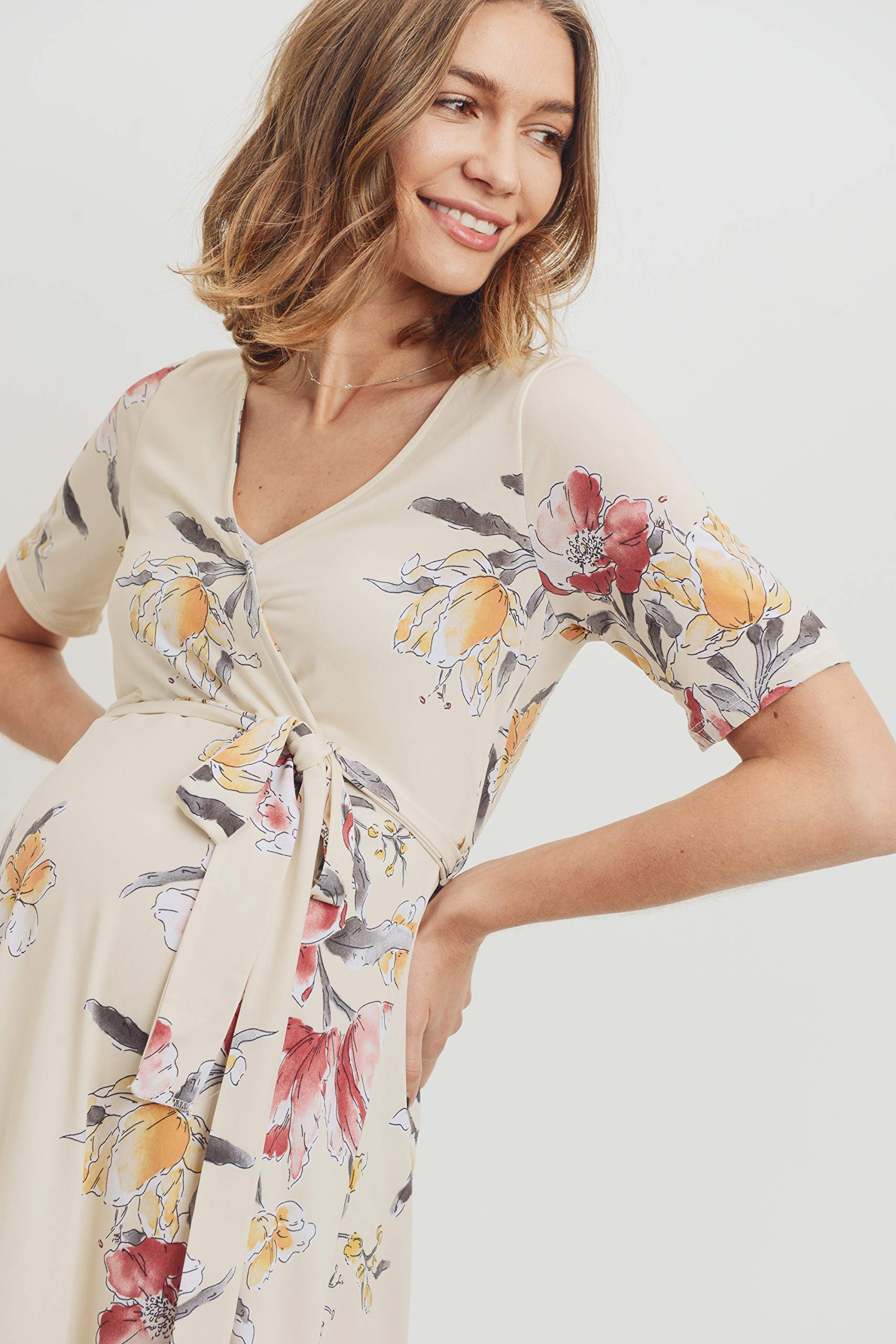 Maternity Wrap Dress for Women - Stretchy Midi Length with Adjustable Waist Belt | Perfect for Pregnancy, Nursing & Postpartum Comfort