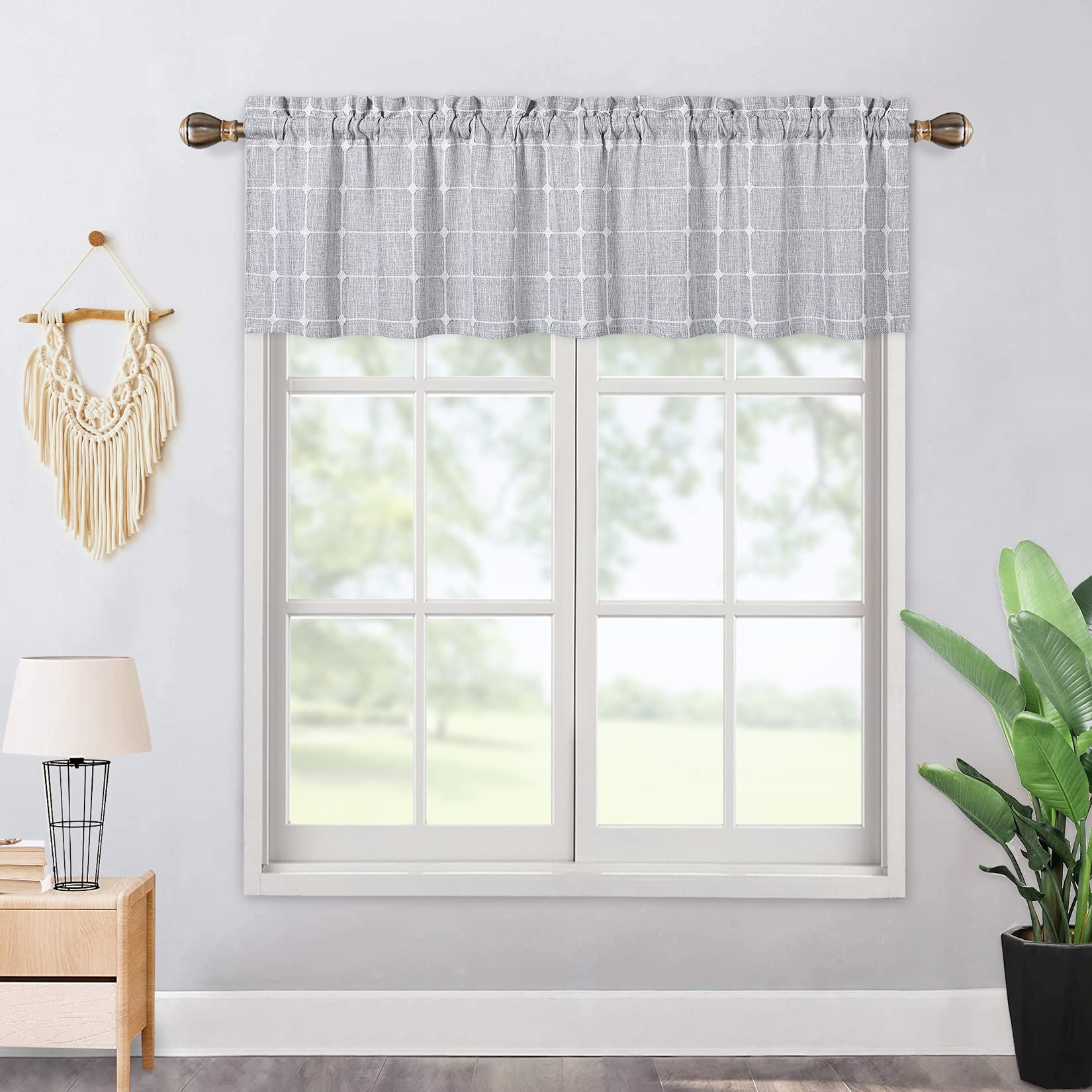 CAROMIO Farmhouse Window Valances - Boho Gingham Linen Curtains for Kitchen & Bedroom (Grey, 52x15 Inches) - Perfect for Rustic Home Decor & Cozy Room Accents