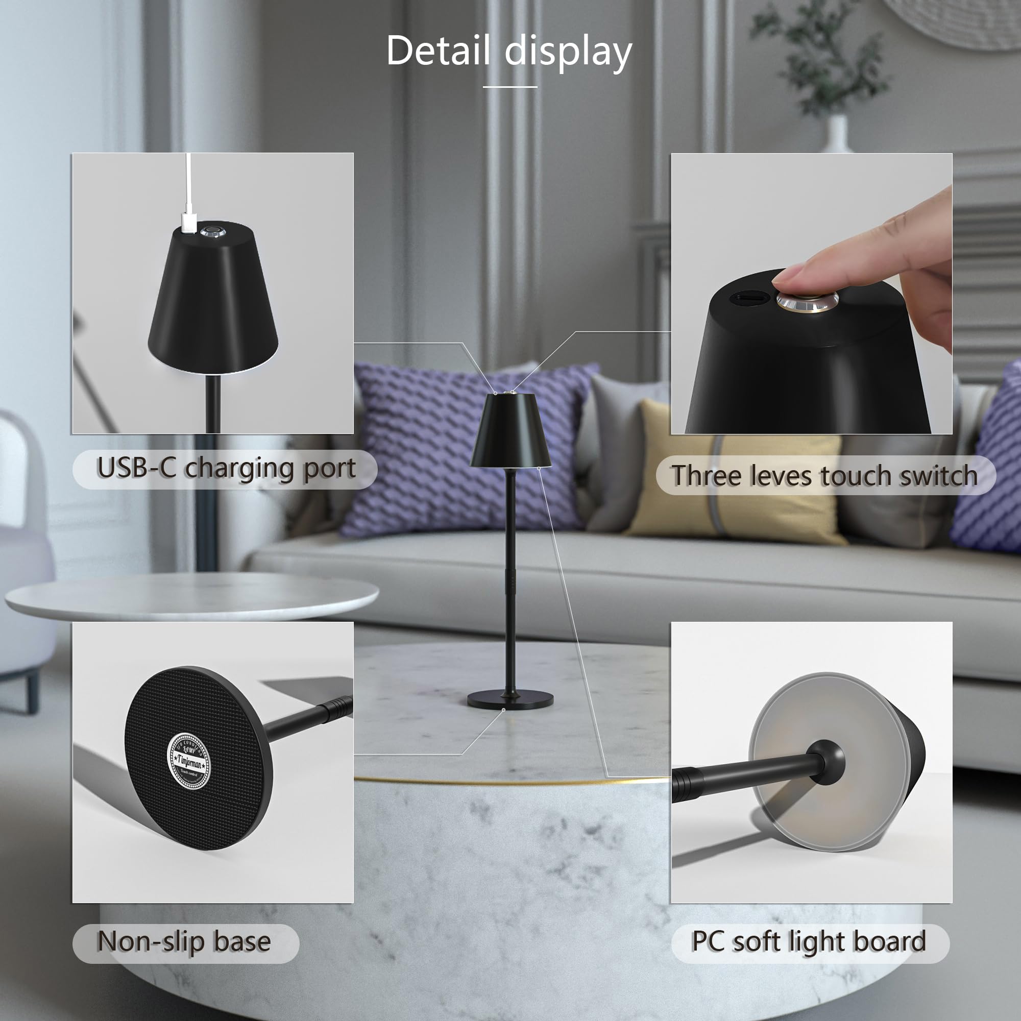 2 Pack LED Cordless Table Lamp - 4000mAh Rechargeable Battery Desk Light with 3 Brightness Levels, Minimalist Night Light for Bedroom, Living Room, Office & Restaurant (Black) - Perfect for Romantic Dinners, Reading & Ambient Lighting