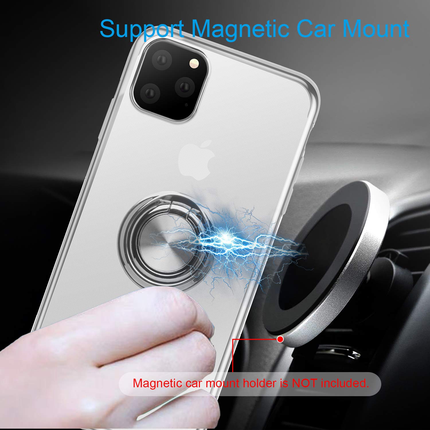 Ultra Slim Clear Crystal TPU Case for iPhone 11 Pro Max with 360° Rotatable Ring Kickstand & Electroplated Frame - Silver | Protective Phone Cover for Daily Use, Travel, and Hands-Free Viewing