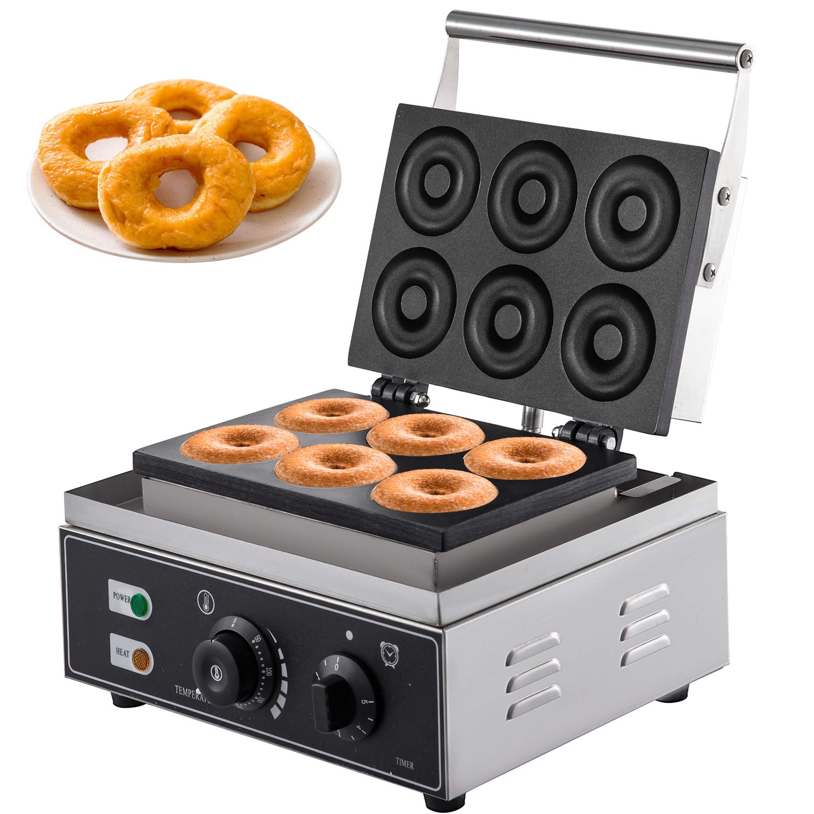 VBENLEM 110V Commercial Waffle & Donut Maker - 6 Hole Double-Sided Electric Doughnut Machine with Adjustable Temperature 50-300°C, 1550W Non-Stick Teflon Coating for Professional Kitchens, Bakeries & Cafes (0.55