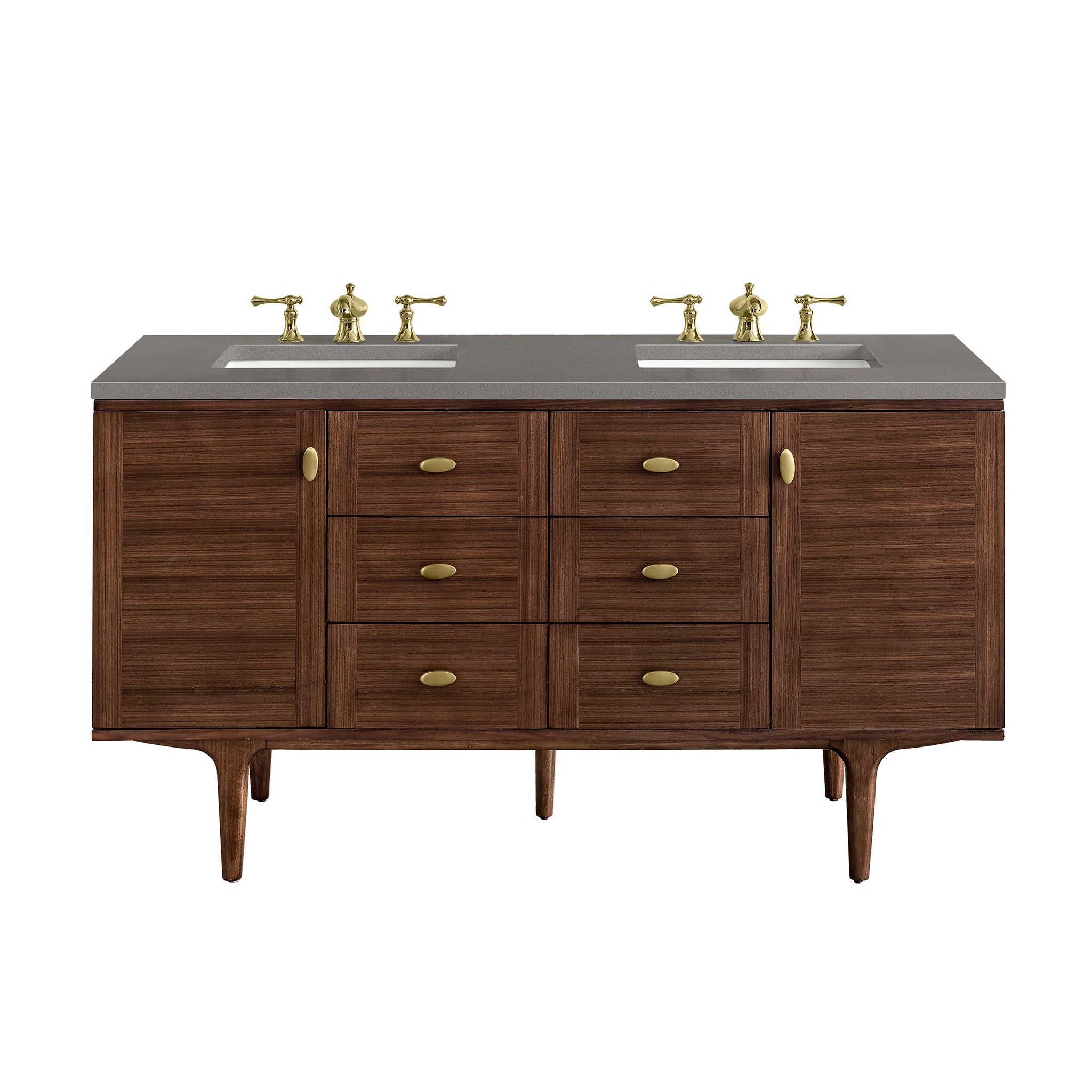 Amberly 60 Inch Double Bathroom Vanity with Mid-Century Walnut Finish & 3CM Grey Expo Top - Perfect for Modern Master Bathrooms and Guest Suites