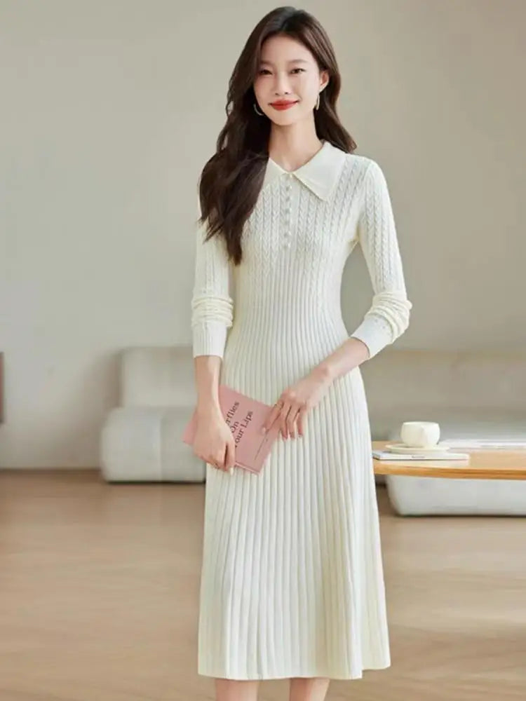 Elegant Women's Long Sleeve Knit Dress - Solid Color Office Wear for Autumn Winter - Single Breasted Lapel Formal Dress for Work, Party & Holiday Events