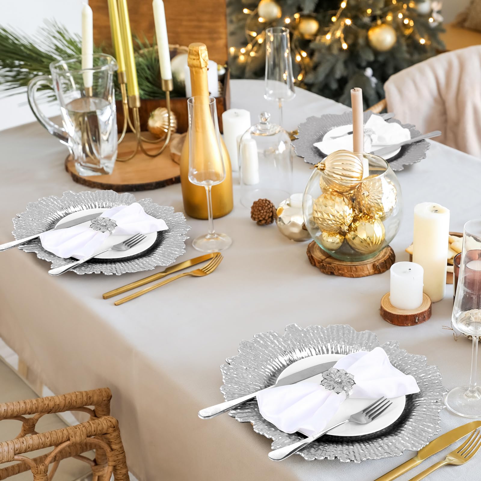 Dandat 50-Piece Silver Charger Plate Set with Floral Napkin Rings - 13 Inch Round Matte Plastic Dinner Plates for Wedding, Party & Table Decor - Elegant Hollow-Out Design for Formal Dining & Special Occasions