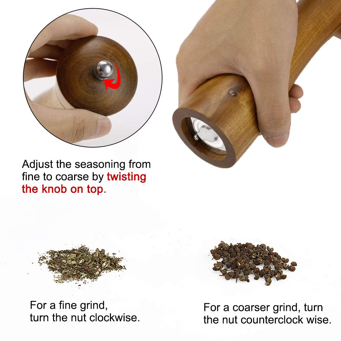 Premium 8.5 Inch Wooden Salt and Pepper Grinder Set - Adjustable Coarseness for Freshly Ground Spices - Perfect for Kitchen, Dining Table & BBQ Seasoning