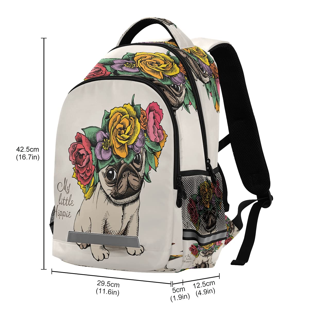 Hippie Pug Puppy with Rose Print Backpack - Cute School Bag for Girls, Boys & Teens - Lightweight Travel Backpack for College, Hiking & Daily Use