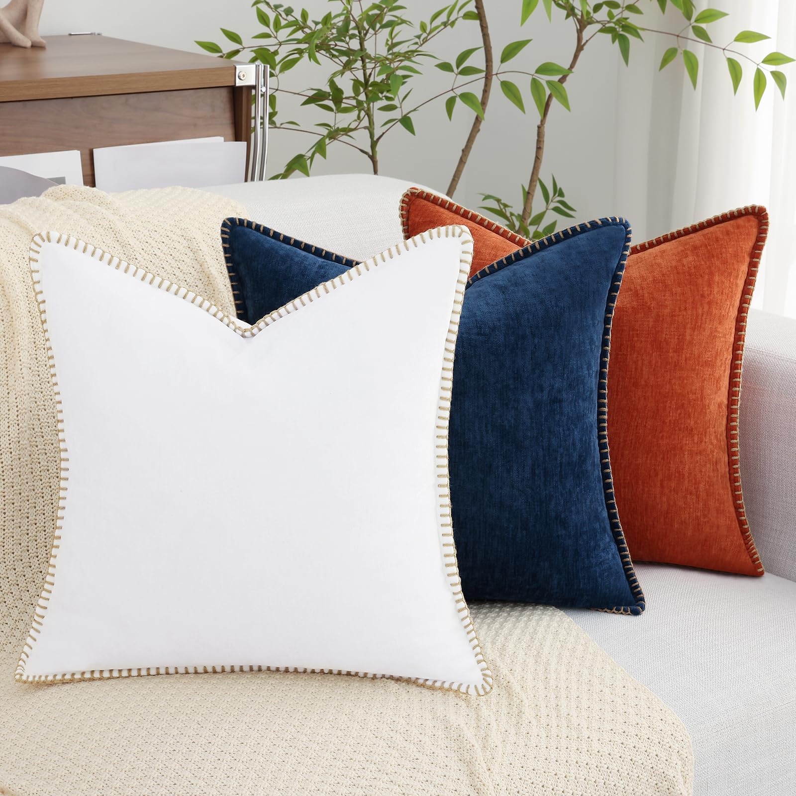 Chenille Soft Throw Pillow Covers 16x16 Set of 2 - Farmhouse Velvet Decorative Couch Pillows with Stitched Edge for Sofa, Bed & Home Decor | Cozy Living Room, Bedroom & Dorm Essentials | Poseidon Design