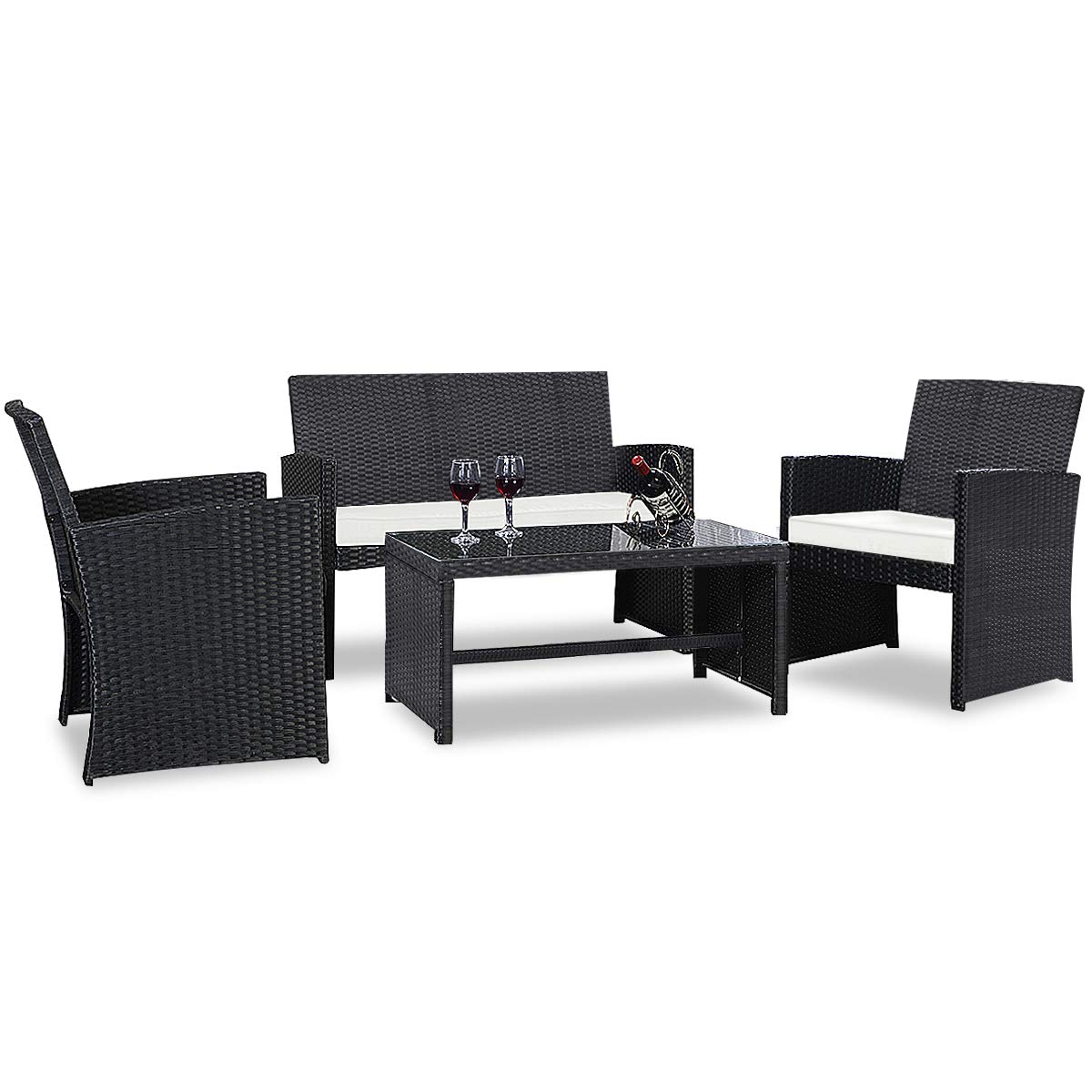 Casart 4-Piece Rattan Patio Furniture Set - Wicker Outdoor Sectional Sofa with Tempered Glass Coffee Table, High Backrest & Removable Cushions - Perfect for Garden, Lawn, Balcony, Deck & Poolside Relaxation