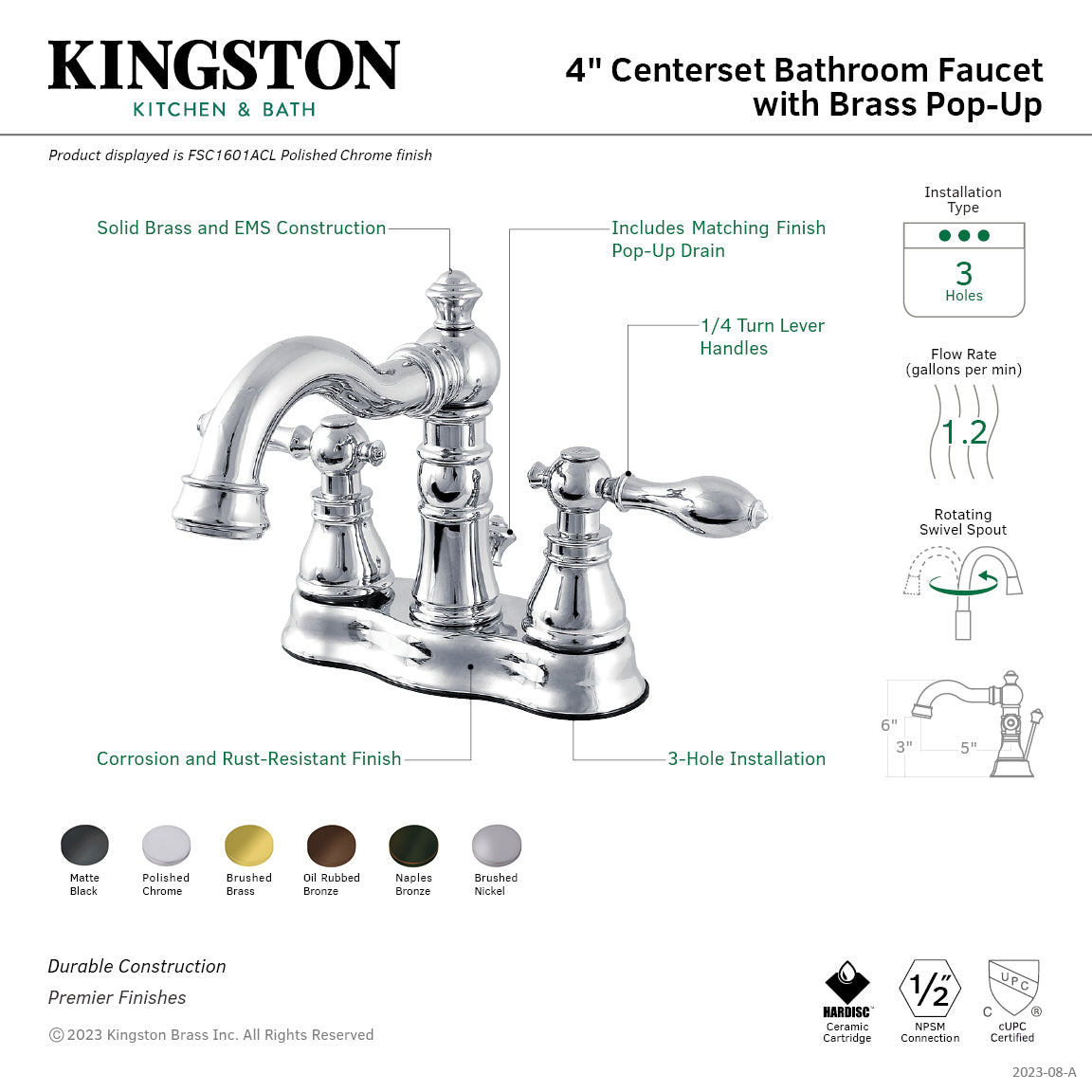 American Classic FSC1608ACL 4-Inch Centerset Bathroom Faucet - Brushed Nickel Finish, Double Handle Deck Mount with Brass Pop-Up Drain - Perfect for Bathroom Vanities and Powder Rooms