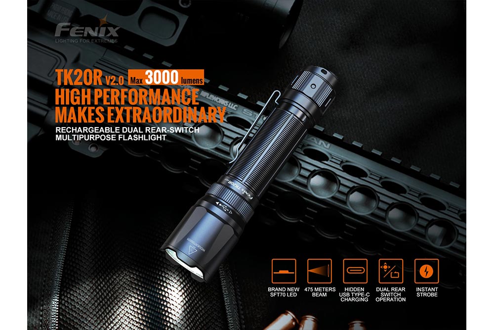Fenix TK20R V2.0 Rechargeable LED Flashlight - 3000 Lumens High Power Tactical Flashlight with USB-C Charging | Perfect for Camping, Hiking, Emergency & Outdoor Adventures