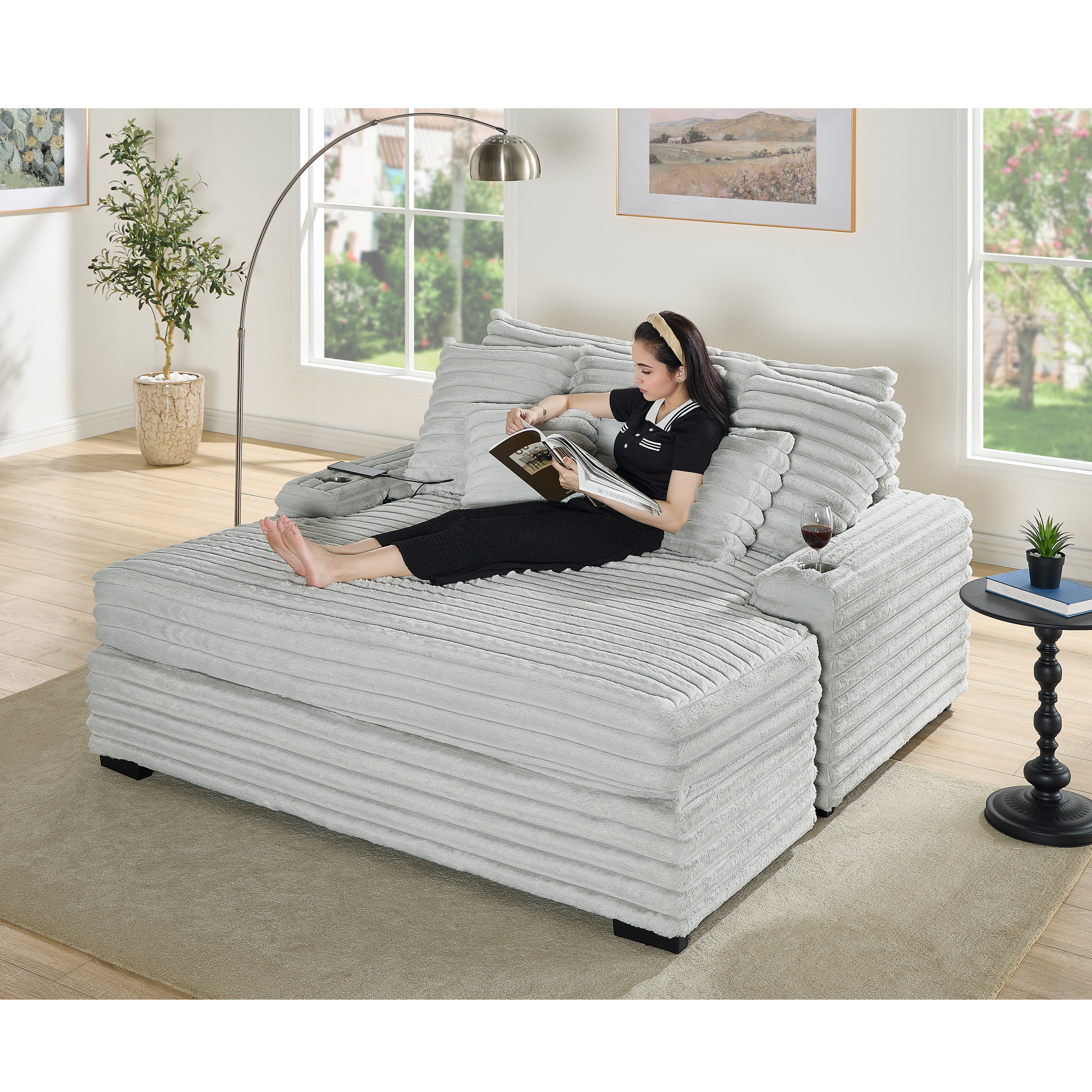 Roundhill Furniture Gaviella Plush Wide Wale Corduroy Oversized Multi-Functional Chaise Lounge - Comfortable Sofa Bed for Living Room, Bedroom & Home Theater Relaxation