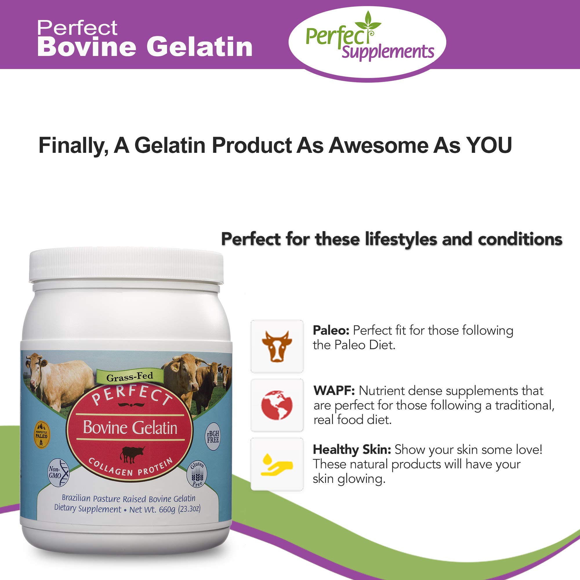 Perfect Bovine Gelatin Powder - 660g Pure Beef Collagen Protein Supplement for Skin & Joint Health - Keto & Paleo Friendly - Ideal for Smoothies, Baking & Homemade Gummies