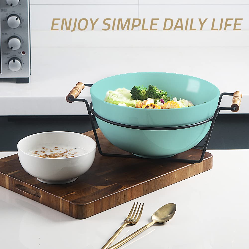 Sweejar 3.7 Quart Porcelain Serving Bowl for Salad, Popcorn, Fruit & Snacks - 138oz Large Mixing Bowl with Stand - Perfect for Family Gatherings, Parties & Entertaining (Turquoise)