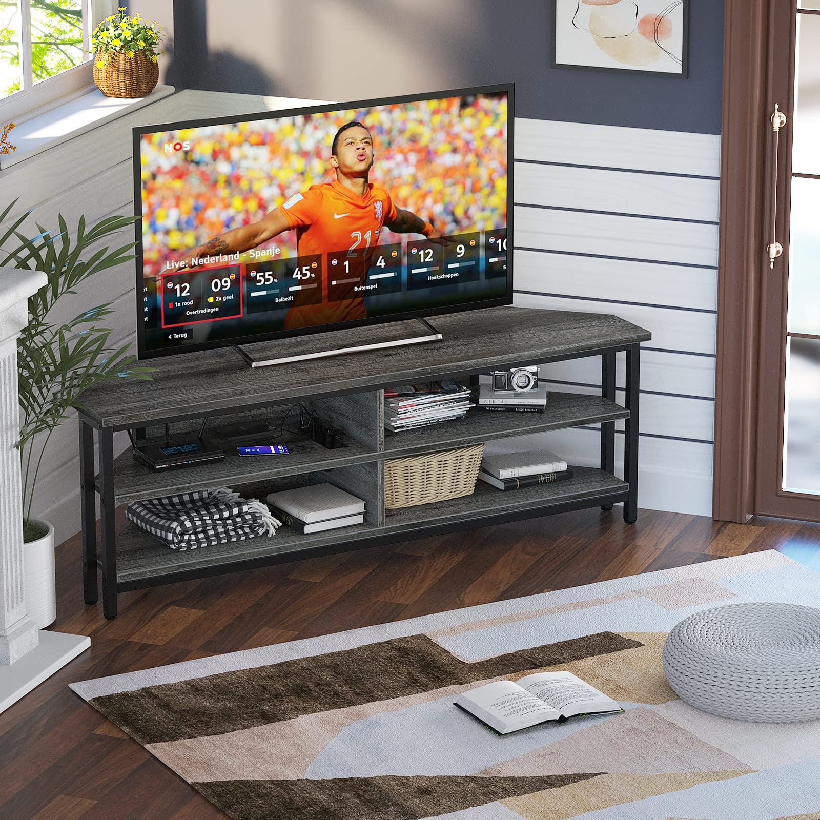 Unikito Corner TV Stand with Power Outlet - Wooden Entertainment Center Media Console with 4 Open Shelves for 55 Inch TV - Gray Oak - Perfect for Living Room, Bedroom & Home Theater Setup