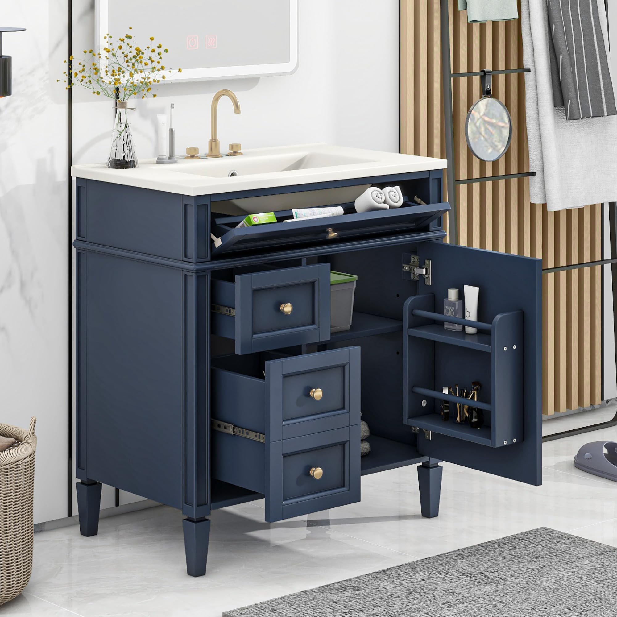 Polibi 30 Inch Modern Bathroom Vanity with Top Sink - Single Sink Vanity Cabinet with 2 Drawers, Tip-Out Drawer & Door Organizer - Blue Bathroom Storage for Small Spaces & Apartment Bathrooms