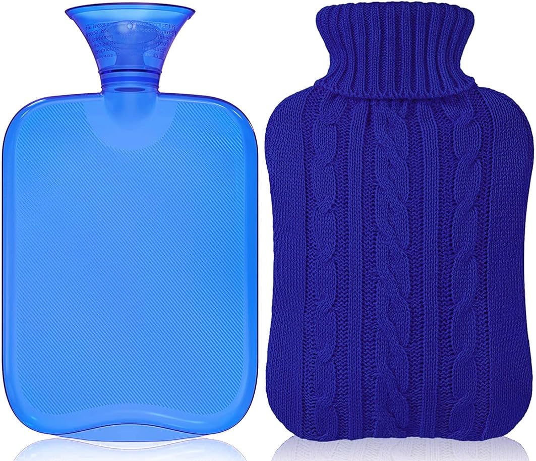 Attmu 2L Transparent Hot Water Bottle with Knitted Cover - Blue | Perfect for Winter Warmth, Pain Relief & Cozy Nights