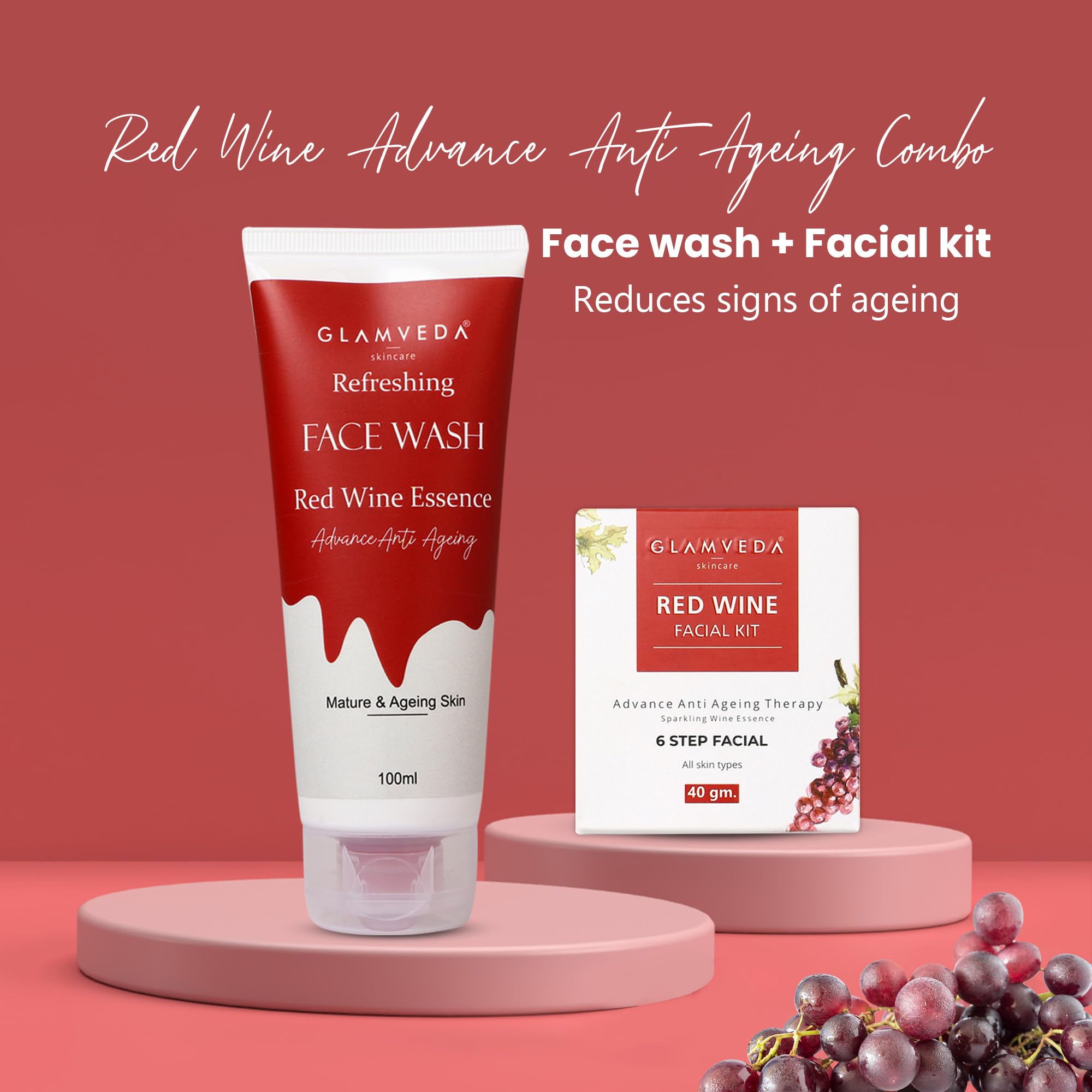 Glamveda Red Wine Anti-Aging Skincare Set (Face Wash + Facial Kit) - Reduces Wrinkles & Fine Lines | Perfect for Daily Anti-Aging Routine & Spa Night Self-Care
