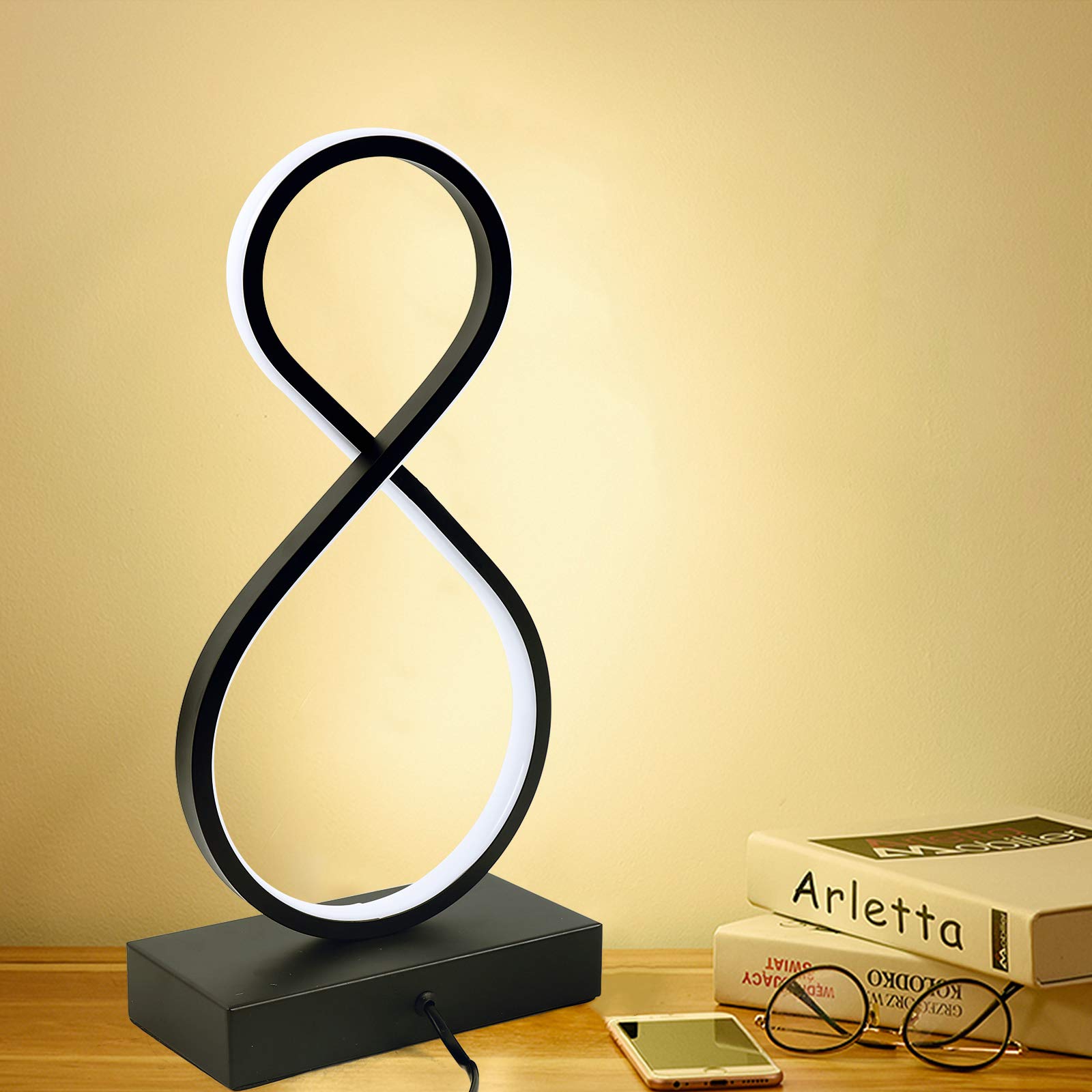 Modern LED Table Lamp - Creative 8-Shape Design, Touch Button Bedside & Desk Light for Office, Reading, and Home Decor - Black