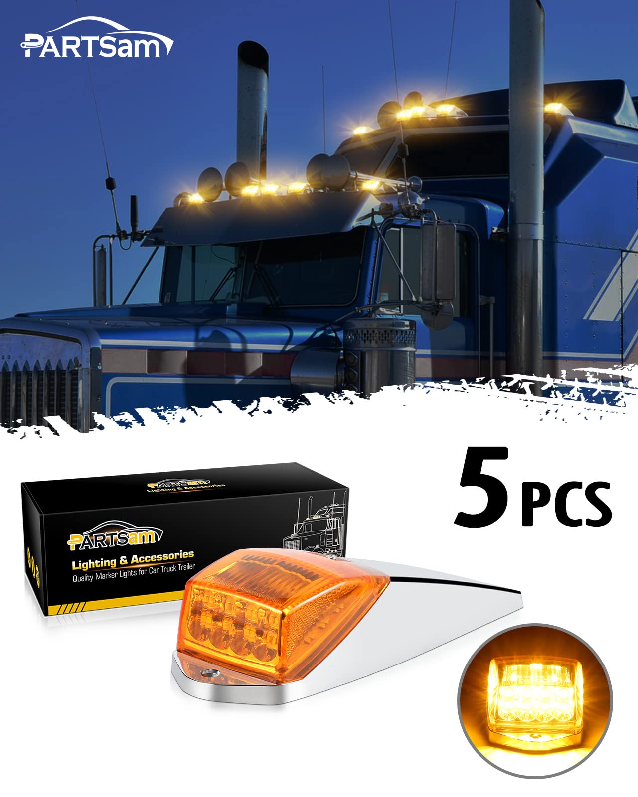 Partsam 31LED Amber Waterproof Cab Marker Light for Peterbilt Kenworth Freightliner Western Star Mack International Paccar Trailer Trucks - Durable Roof Running Lights for Enhanced Night Visibility and Safety