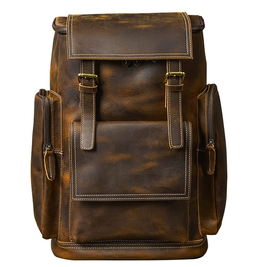WAxd Men's Genuine Leather Backpack - Large Capacity Cowhide Daypack for Business, Travel & Laptop - Durable Brown 14 Inch Rucksack | Perfect for Office Commute, College & Weekend Getaways