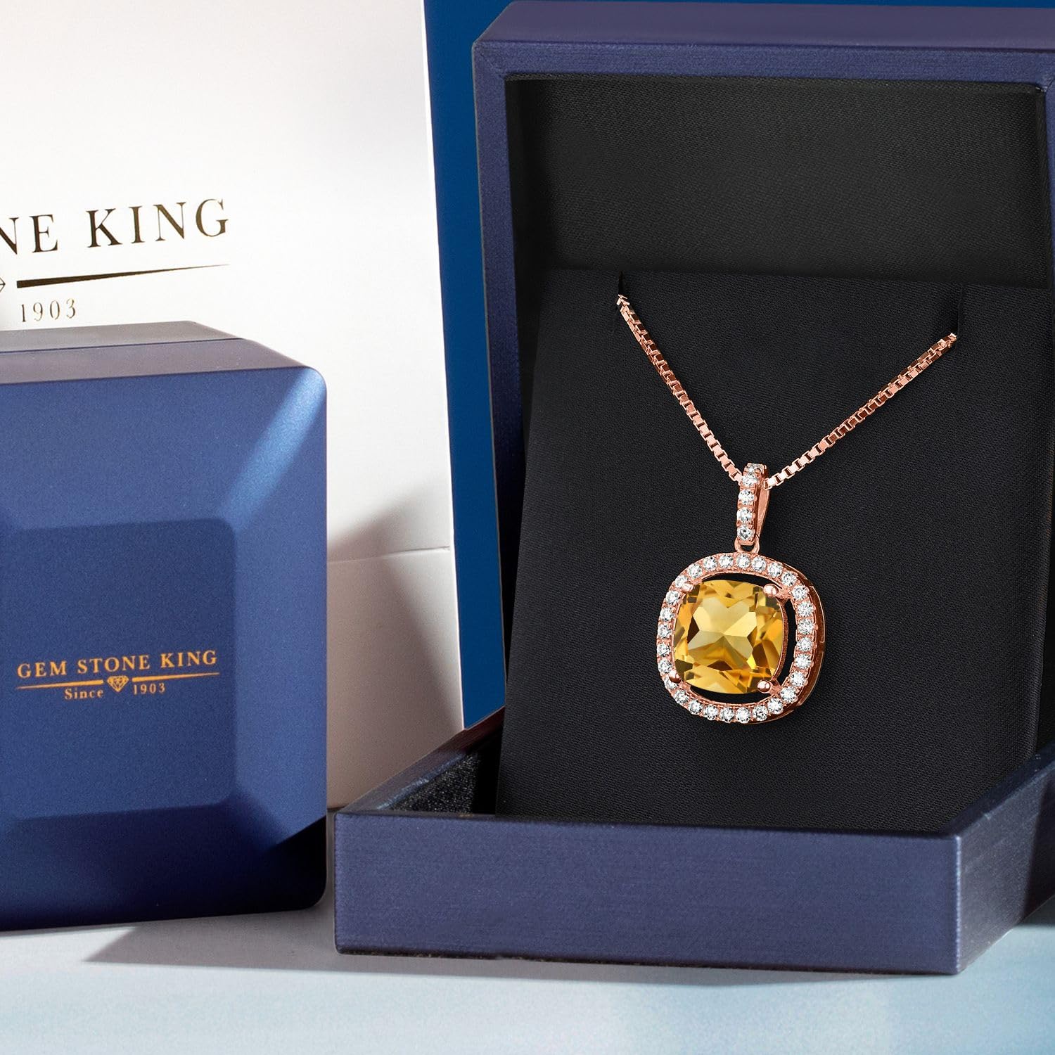 18K Rose Gold Plated Silver 12MM Cushion Gemstone & White Moissanite Birthstone Necklace for Women | 18