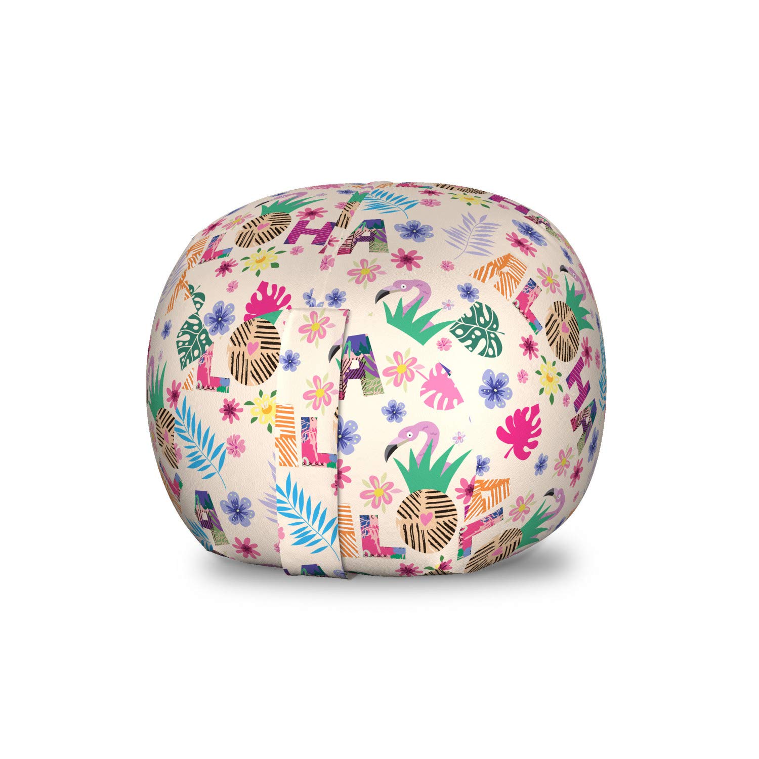 Ambesonne Tropical Toy Storage Bag Chair - Colorful Hawaiian Floral Print with Aloha Lettering & Flamingo Design, Washable Stuffed Animal Organizer for Kids Room, Small Multicolor Storage Solution for Playrooms & Bedrooms