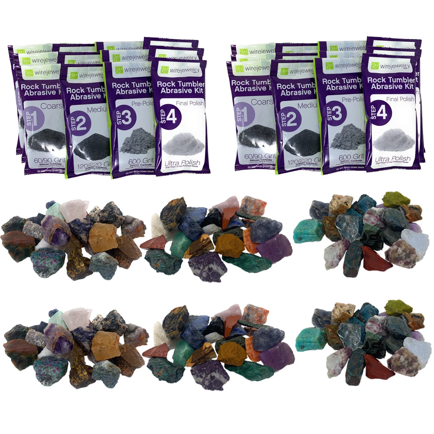 Premium Rock Tumbler Refill Kit - 3 Lbs. Mixed Gemstones from Asia, Brazil & Madagascar with 6 Batches of 4-Step Grit & Polish | Perfect for Jewelry Making, Lapidary & DIY Craft Projects
