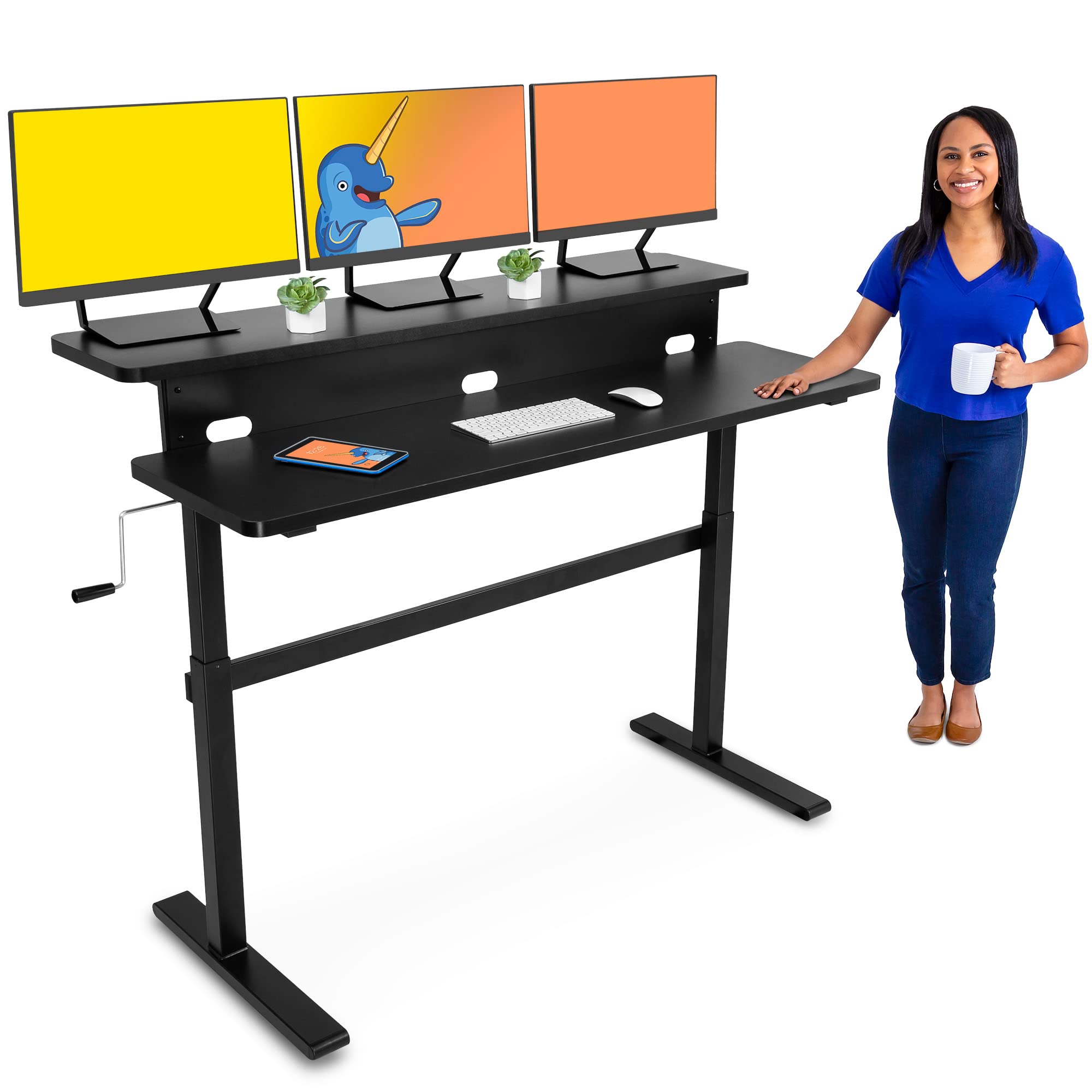 Tranzendesk 55 Inch Dual Level Standing Desk with Shelf - Adjustable Height Crank Sit Stand Workstation for Home & Office | Ergonomic Monitor Riser | Perfect for Remote Work, Gaming & Study (Black, 55in)