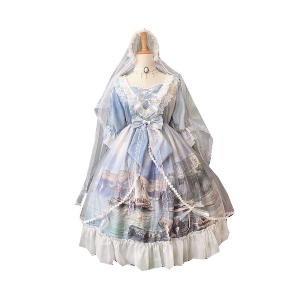 WSSBK Lolita Dress - Princess Castle Lolita Flower Wedding Dress with Oil Painting Kawaii Print, Fairy Dream Dress for Cosplay, Tea Party & Special Occasions (Color: Only Dress, Size: M)