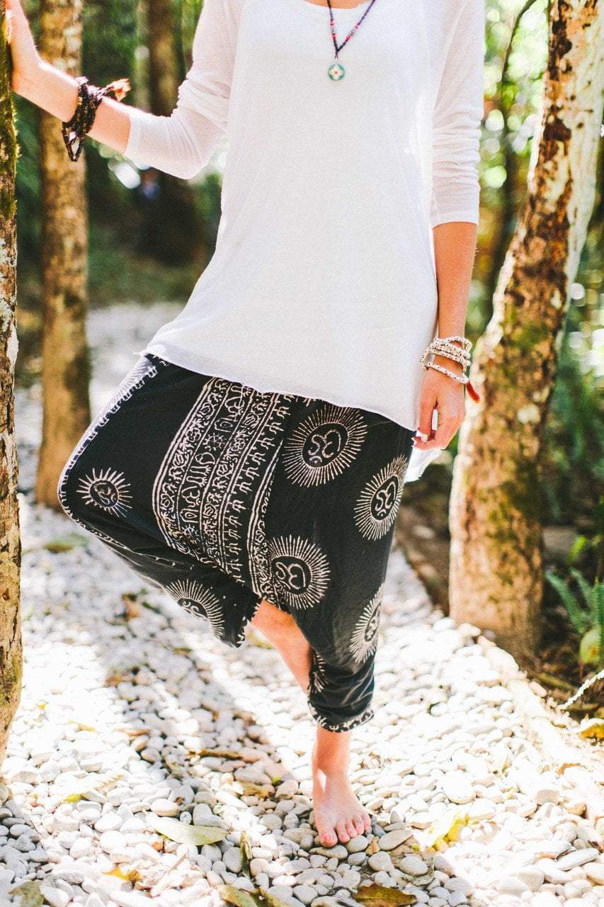 Handmade Om Print Harem Pants from Kathmandu - Boho Yoga Pants for Women, Loose Fit Cotton Lounge Pants for Meditation, Travel & Festival Wear