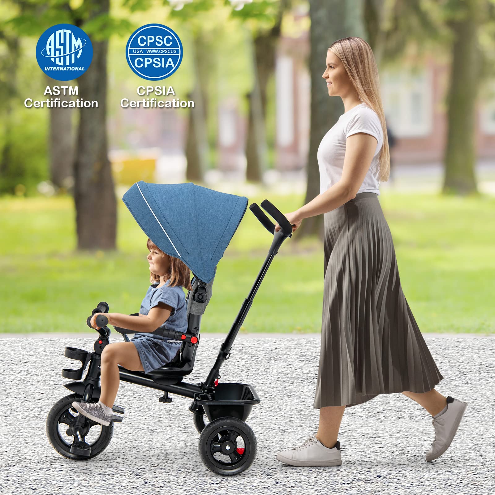 HONEY JOY 5-in-1 Convertible Baby Tricycle with Adjustable Push Handle, Canopy & Reversible Seat - EVA Wheels, Cup Holder & Storage Basket - Toddler Push Trike for Ages 1.5-5 Years (Blue) | Perfect for Park Rides, Neighborhood Strolls & Outdoor Family Adventures