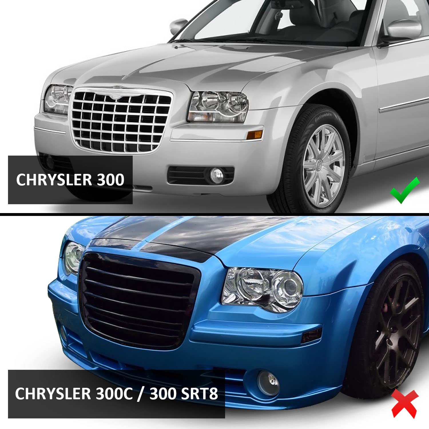 2005-2010 Chrysler 300 Black Replacement Headlight Assembly - Halogen Projector with Super Bright LED Halo & Bulbs (Pair) - Passenger & Driver Side - Improved Night Visibility & Style Upgrade for Daily Driving