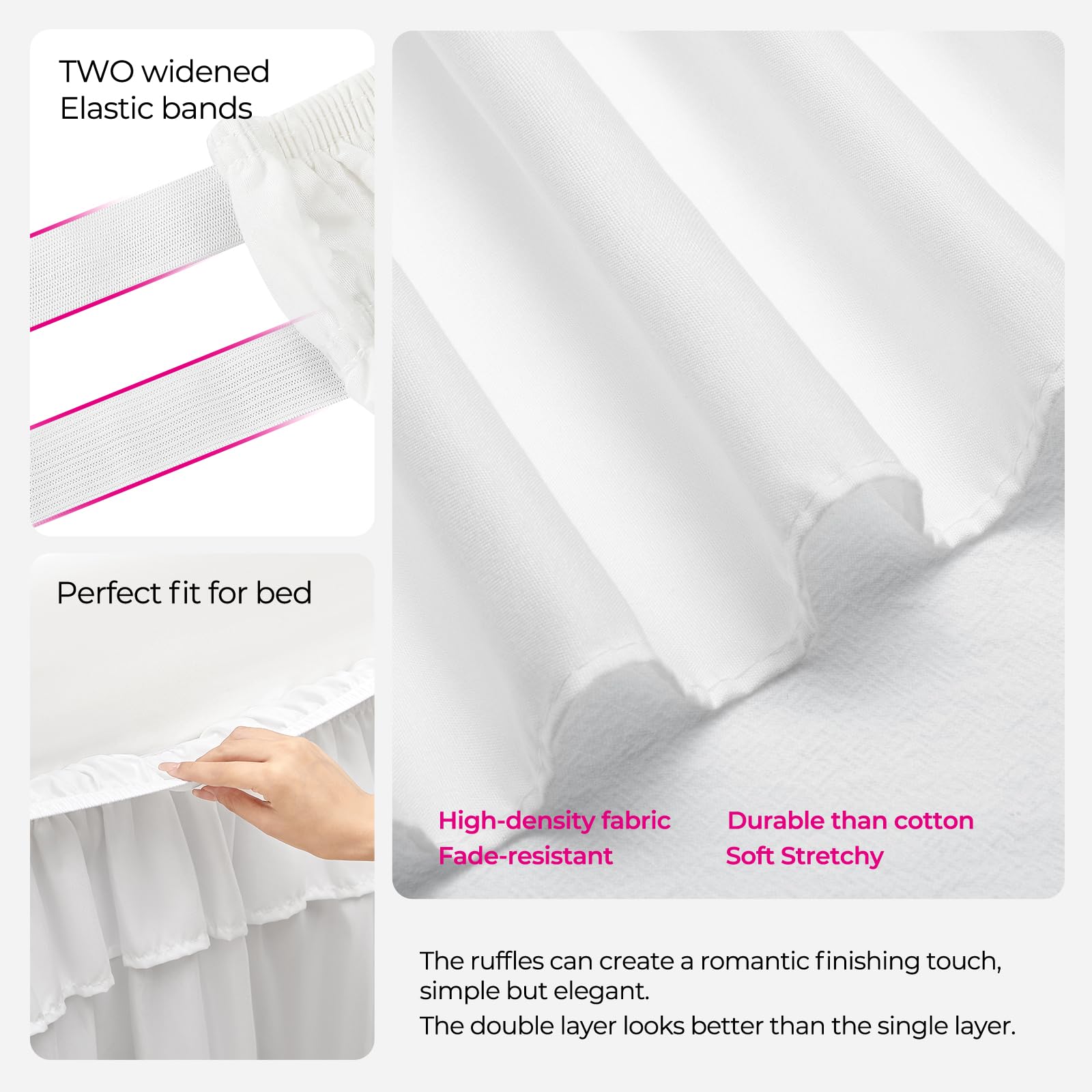 RIMELA 16 Inch Drop White Queen Ruffle Bed Skirt - Elastic Wrap Around Bed Skirting for Queen Size Beds, Easy to Install Dust Ruffle with Machine Washable Soft Fabric - Perfect for Master Bedrooms, Guest Rooms & Home Decor