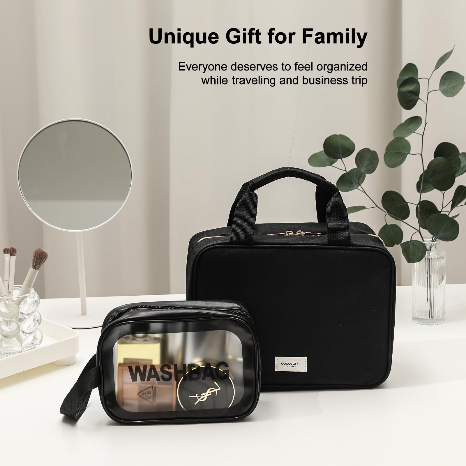 Waterproof Travel Toiletry Bag for Women - 2 Pack Hanging Cosmetic Organizer with Hook | Portable Makeup Bag for Business Trips, Vacation, Gym & Bathroom Storage (Black)
