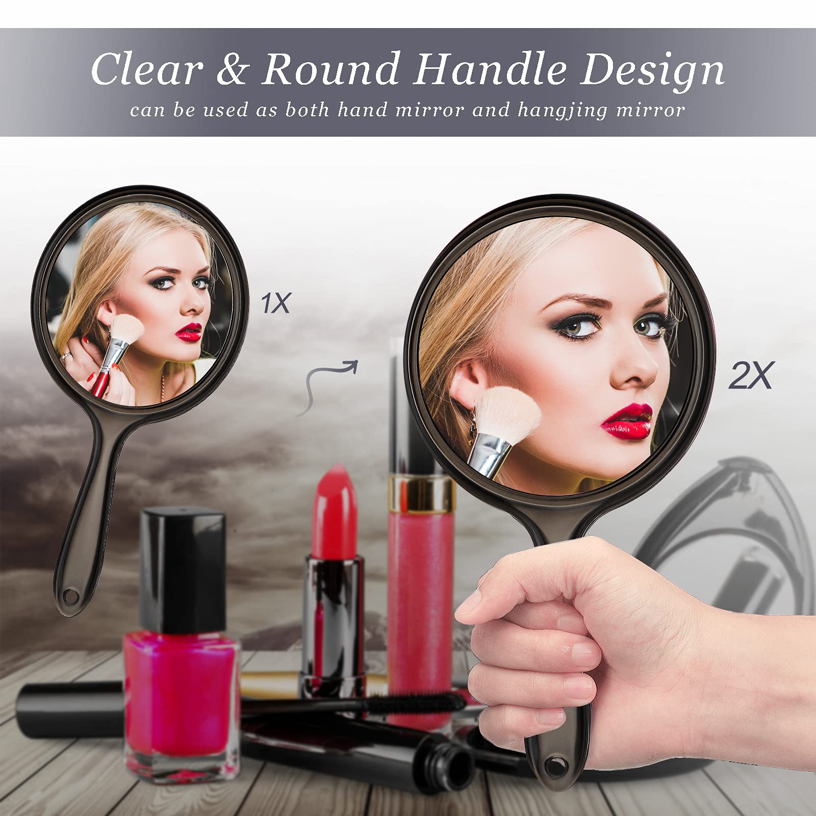 Double-Sided Handheld Makeup Mirror with 1X/2X Magnification - Round Shape with Comfortable Handle (Black) | Perfect for Home Vanity, Travel & Professional Makeup Application