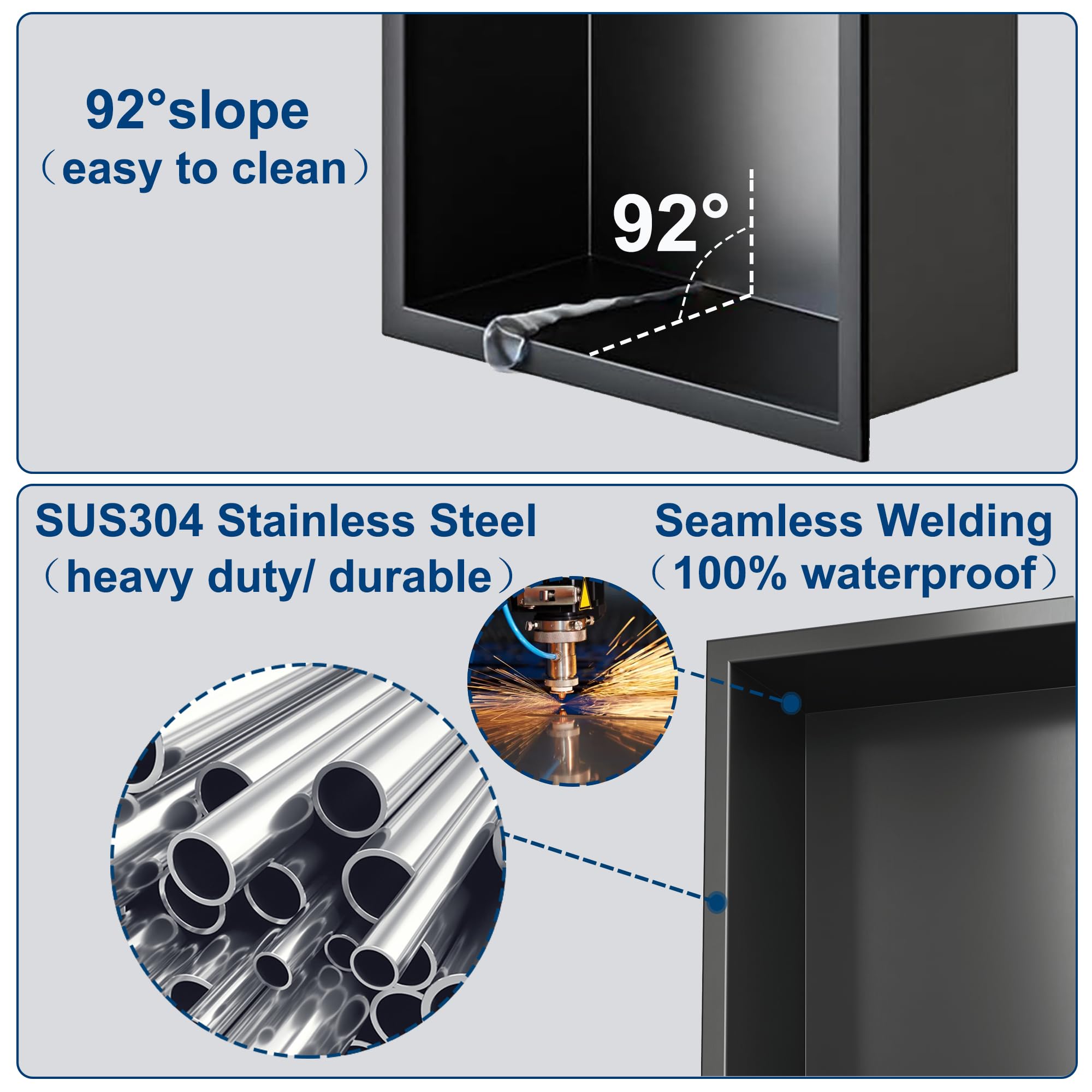 Neodrain 12X30 Inch Gun Metal 3-Layer Stainless Steel Recessed Shower Niche - No Tile Needed Bathroom Wall Storage Organizer for Shampoo, Soap & Bath Essentials