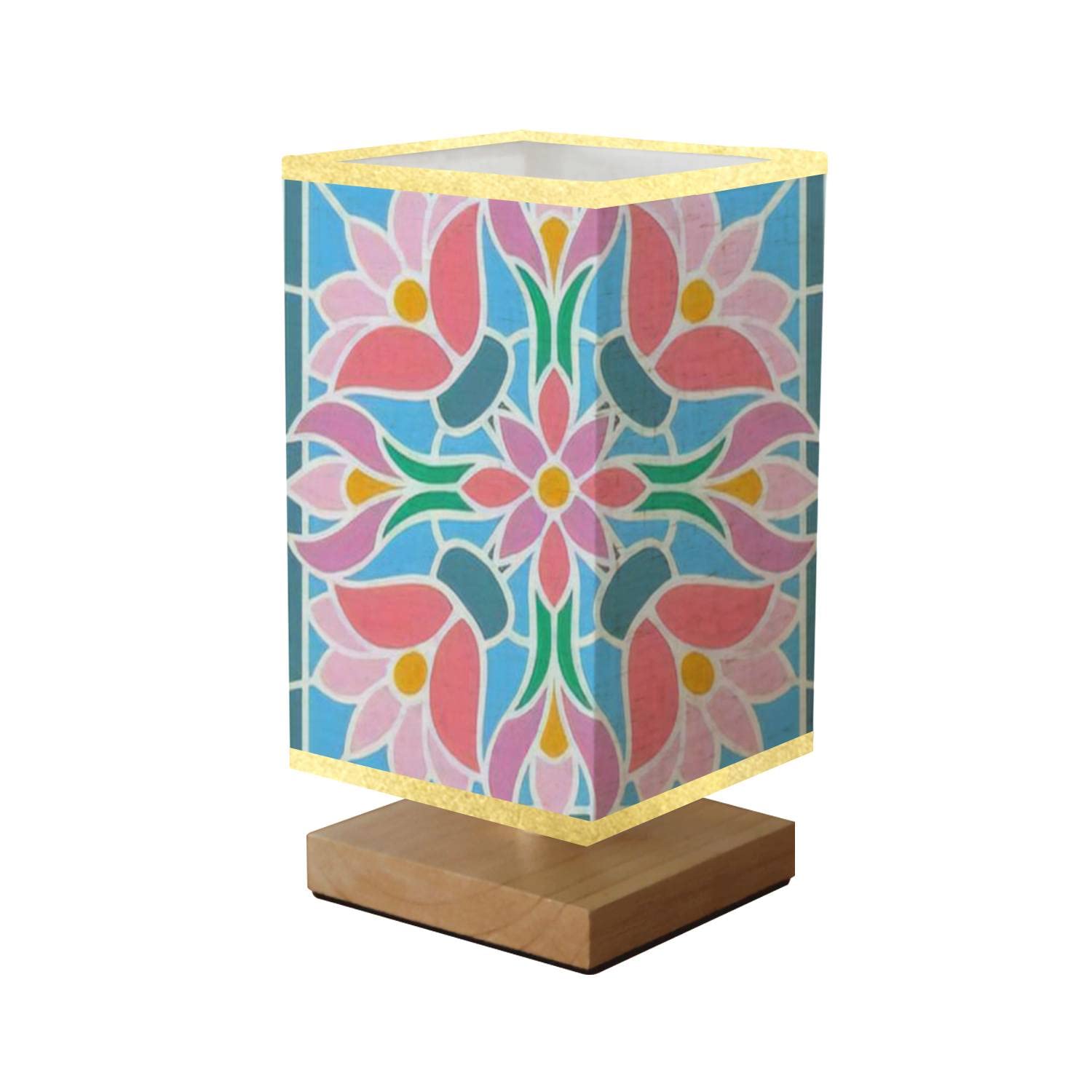 Vintage Stained Glass Table Lamp with Multicolor Floral Pattern - Wooden Base & Flaxen Fabric Shade - Dimmable Bedside Nightstand Lamp for Bedroom, Living Room, Office - Perfect for Reading, Relaxing & Home Decor