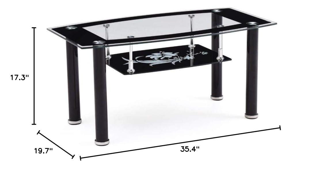 Hodedah 2-Tier Rectangle Tempered Glass Coffee Table - Black | Modern Living Room Furniture for Small Spaces | Perfect for Apartments, Dorms & Home Decor