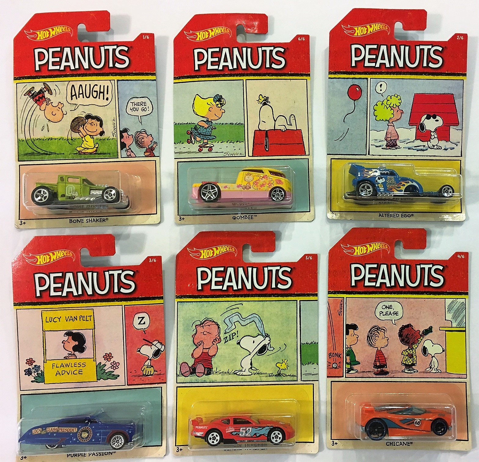 2017 Hot Wheels PEANUTS Complete Set of 6 Die-Cast Cars - Charlie Brown (Bone Shaker), Snoopy (Altered Ego), Lucy (Purple Passion), Franklin (Chicane), Linus (Circle Tracker), Sally (Qombee) - Collectible Toy Cars for Display, Gifts, and Play