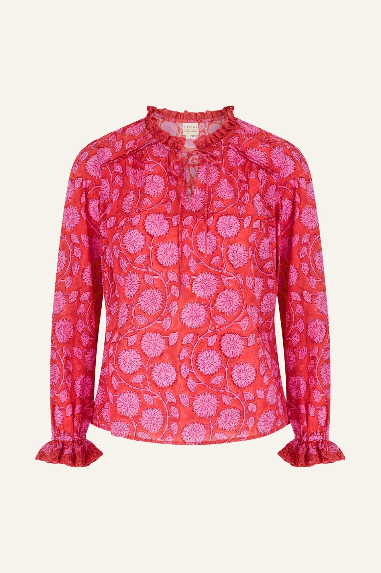 Rosie Organic Cotton Block Print Blouse - Lotus Red & Pink Floral Embroidered Top for Women | Boho Chic Summer Outfit, Casual Wear & Festival Fashion