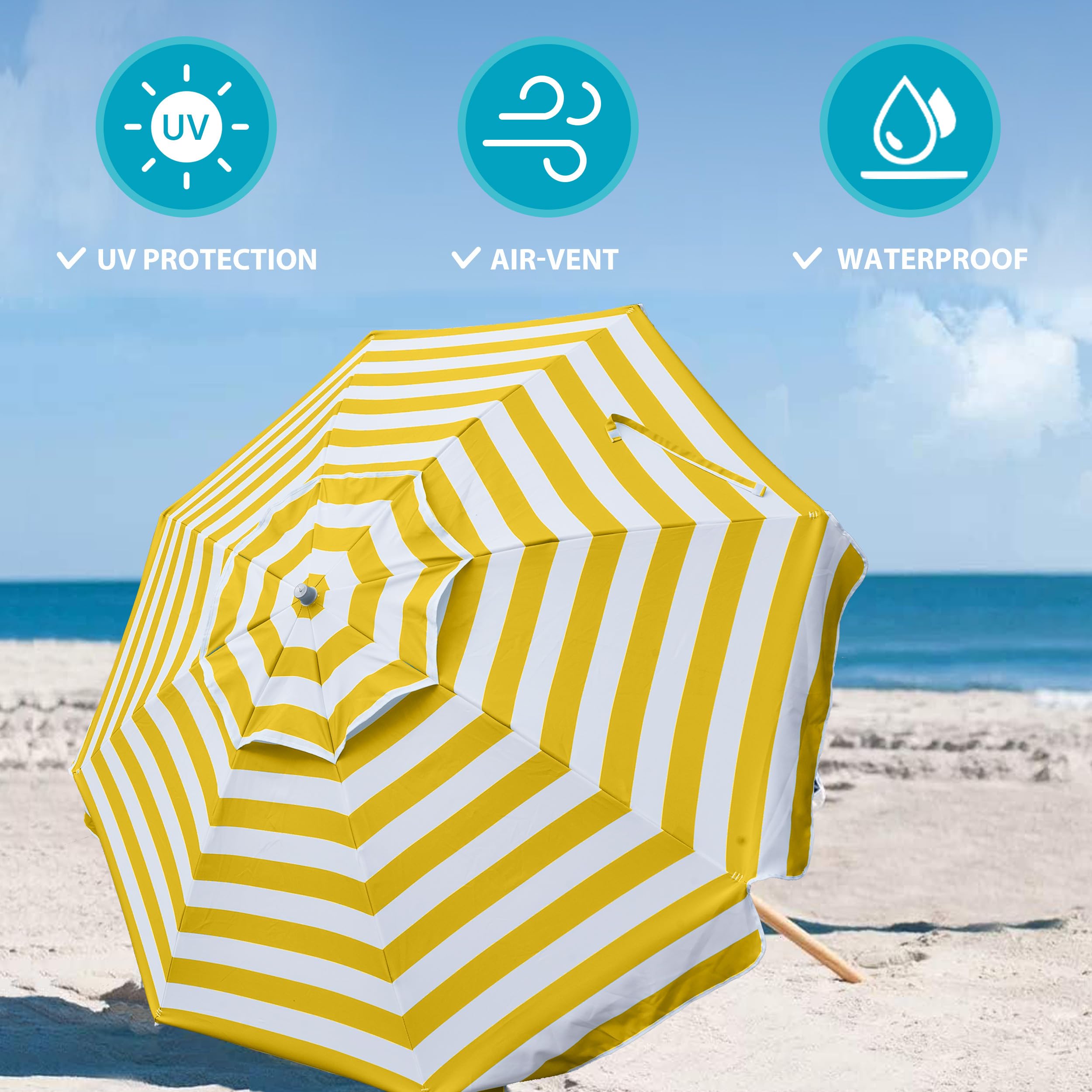 AMMSUN 7.5ft Heavy Duty Commercial Grade Beach Umbrella with Air Vent - UPF 50+ Sun Protection, Ash Wood Pole & Carry Bag - Windproof Patio Umbrella for Poolside, Backyard, and Beach (Yellow & White Stripe)