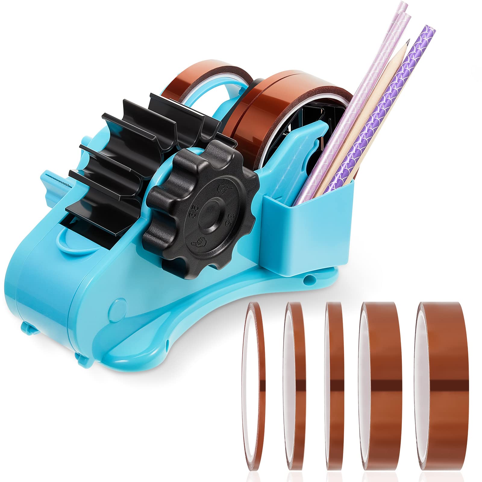 High Temp Heat Resistant Sublimation Tape Dispenser with 5 Multi-Size Rolls - Industrial Heat Press, Solder & Crafting Tape for T-Shirt Printing, DIY Projects & Electronics Repair (Blue)
