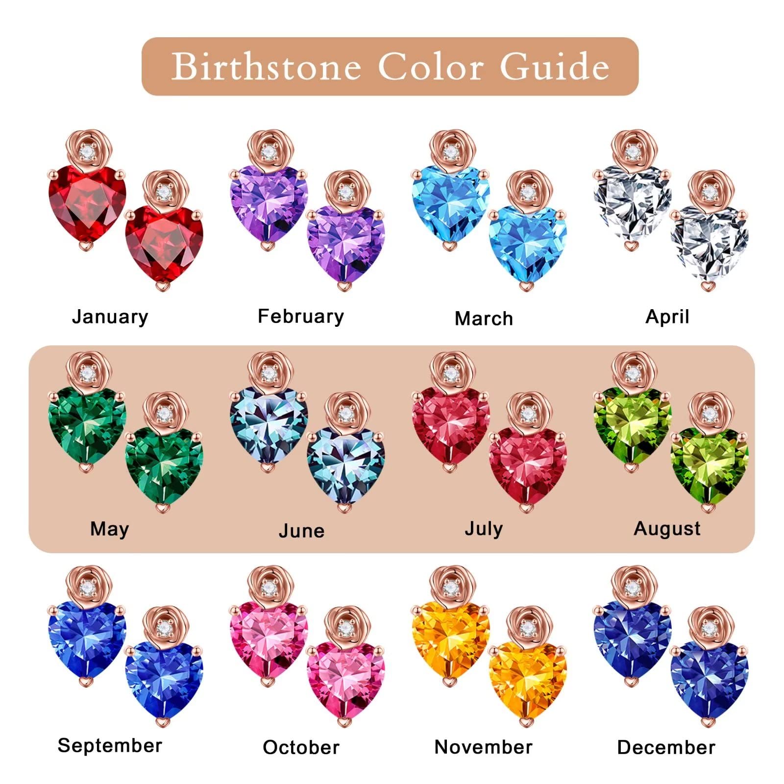 Birthstone Earrings for Women - Sterling Silver Rose Heart Stud Earrings with Birthstones | Perfect Anniversary, Birthday Gifts for Wife, Mom, Daughter | Ideal for Special Occasions & Everyday Wear