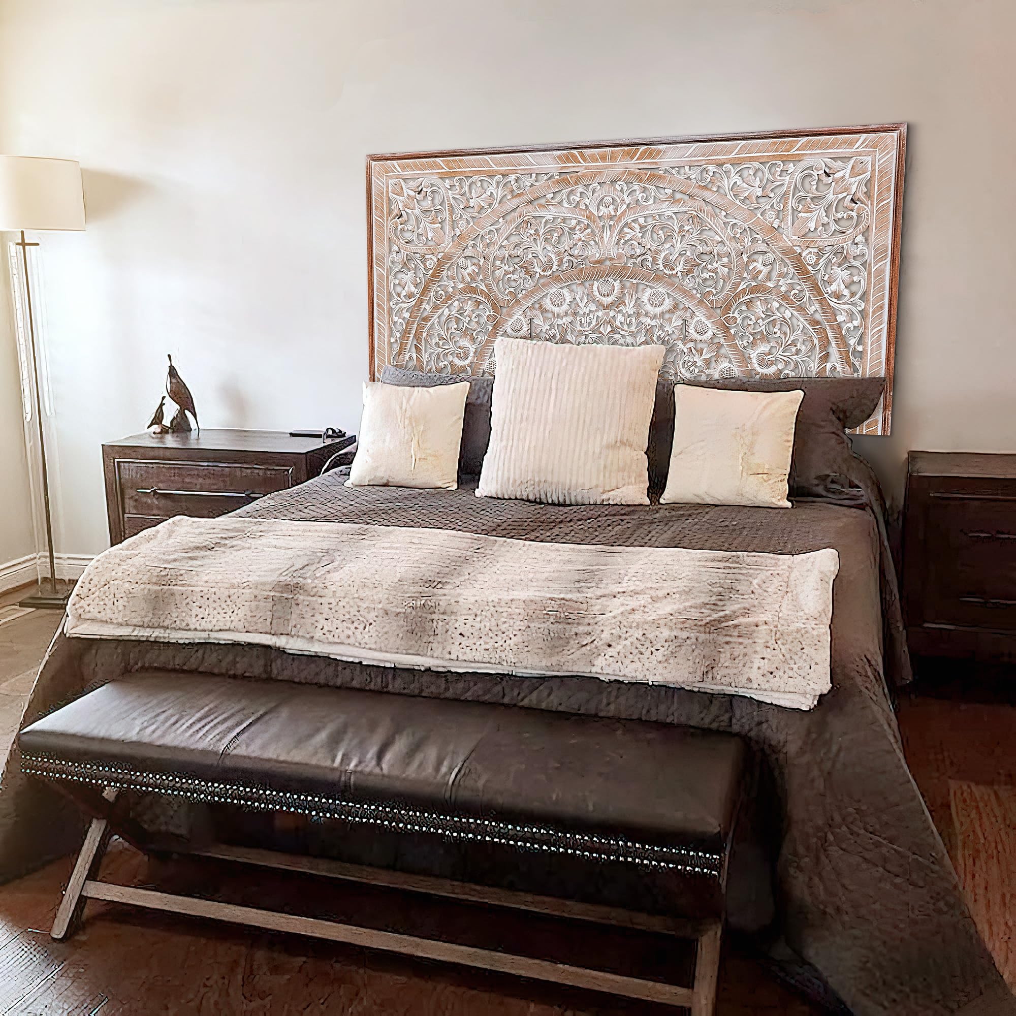 King Size White Washed Wood Headboard - Carved Full Bed Headboard Only | Solid Wood Headboard for King/Cal King Beds | Wall Mounted Bedroom Headboard Panel | Perfect for Master Bedroom, Guest Room & Farmhouse Decor