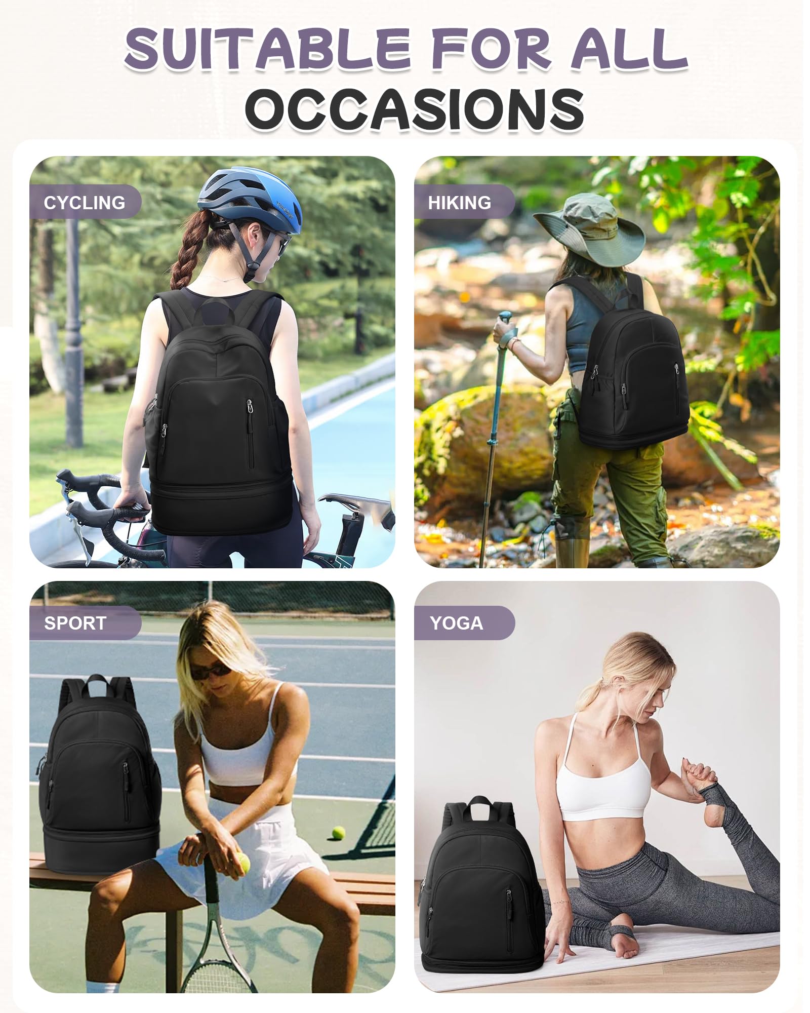 Waterproof Lightweight Gym Backpack for Women & Men - Small Black Sports Bag with Expandable Shoe Compartment - Perfect for Travel, Hiking, Yoga, Fitness & Everyday Use