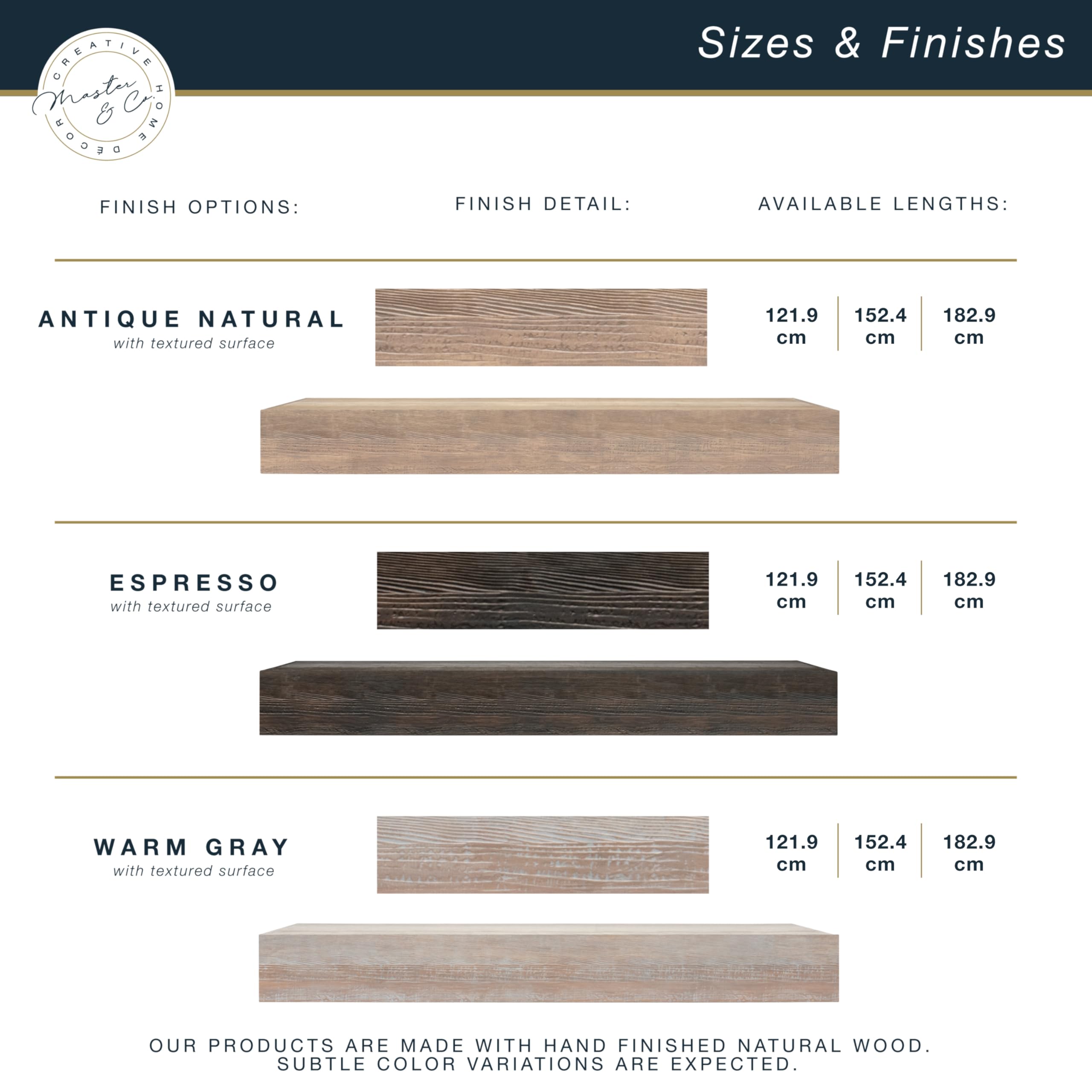 60-Inch Solid Wood Floating Fireplace Mantel Shelf - Antique Natural Finish by Master & Co - Heavy Duty Wood Cleat Hanging System - Perfect for Living Room Decor, Photo Display & Home Decoration - Ideal for Fireplace Surrounds, Wall Shelving & Rustic Home Accents
