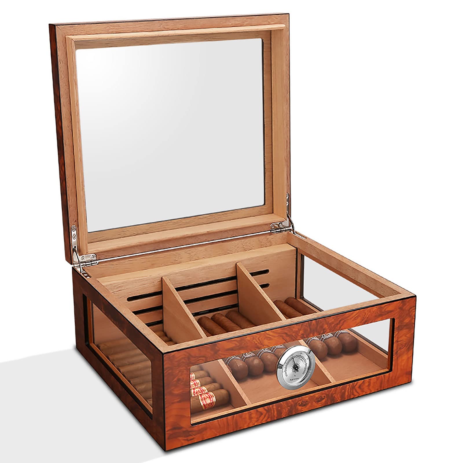 Premium JEEKOS Glass Top Cigar Humidor - 75 Capacity Desktop Cedar Wood Cigar Box with Digital Hygrometer & Humidifier | Perfect for Home, Office, or Gifts for Cigar Enthusiasts