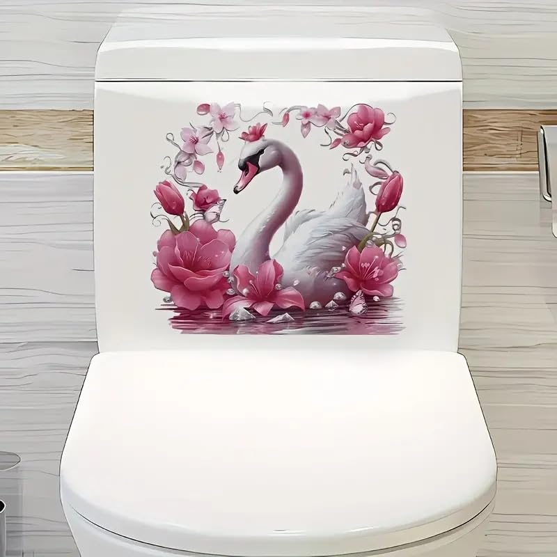 Waterproof Swan Blossoms Flower Toilet Cover Stickers - Spring Floral Leaf Butterfly Bathroom Decals for Toilet Lid, Tank & Seat | Self-Adhesive Vinyl Wall Stickers for Bathroom Decor (Home, Apartment, RV)