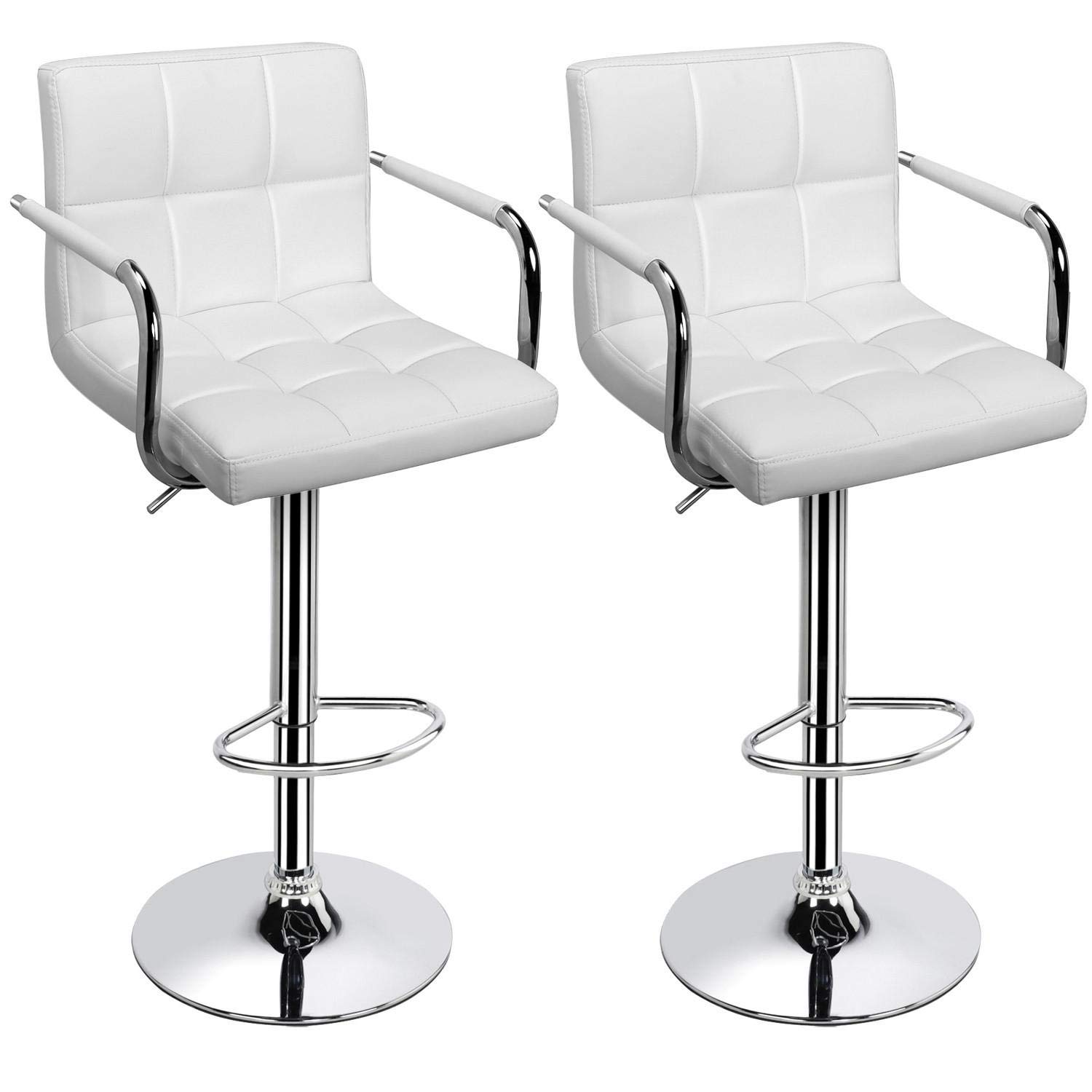 Modern Adjustable Swivel Bar Stools Set of 2 - PU Leather Square Tall Bar Chairs with Arms & Back, White - Perfect for Kitchen Islands, Home Bars & Dining Counter Seating